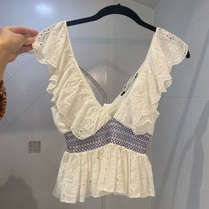 Zara top! White eyelet with blue waist band!
